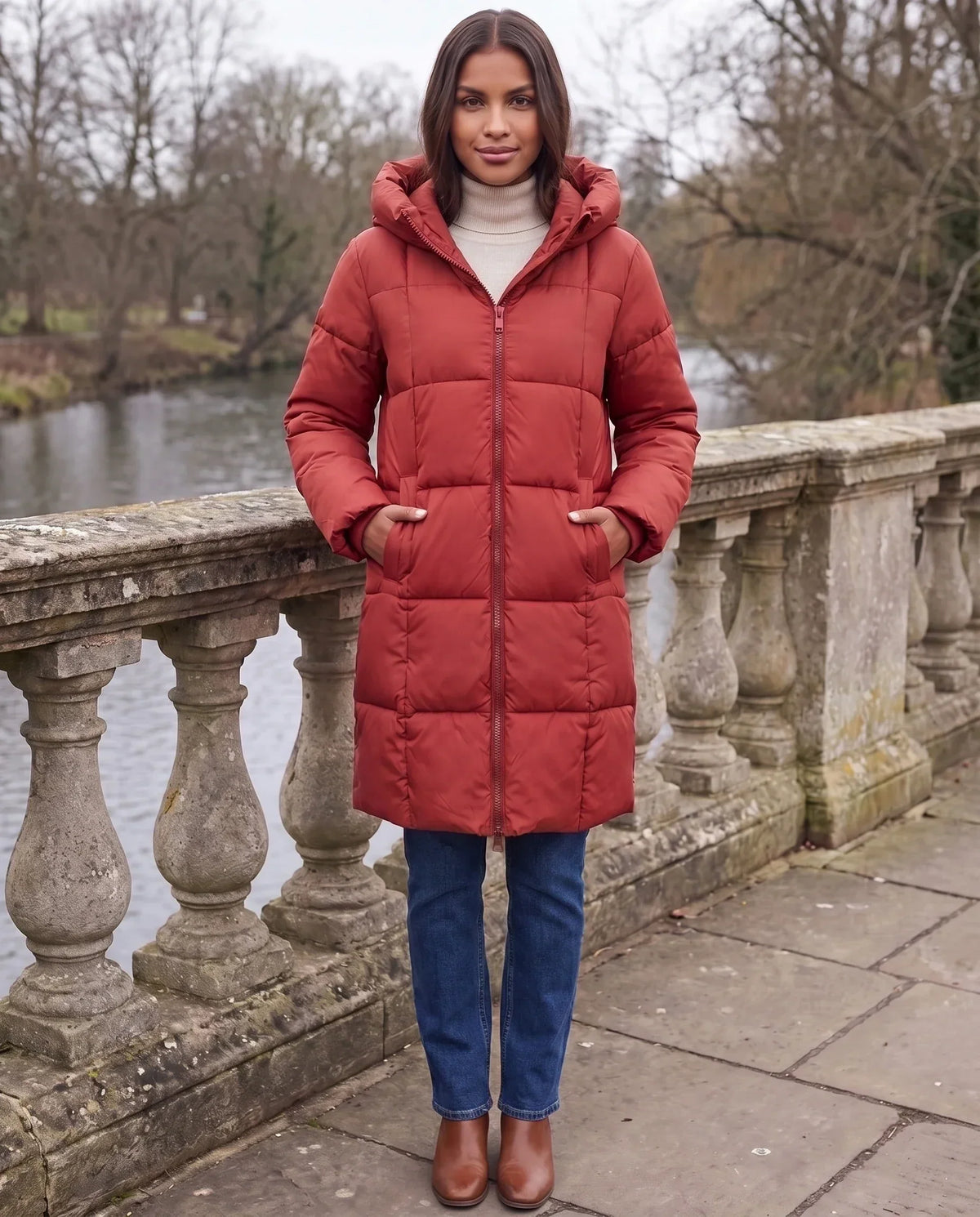 Long Hooded Puffer Jacket with Square Quilting