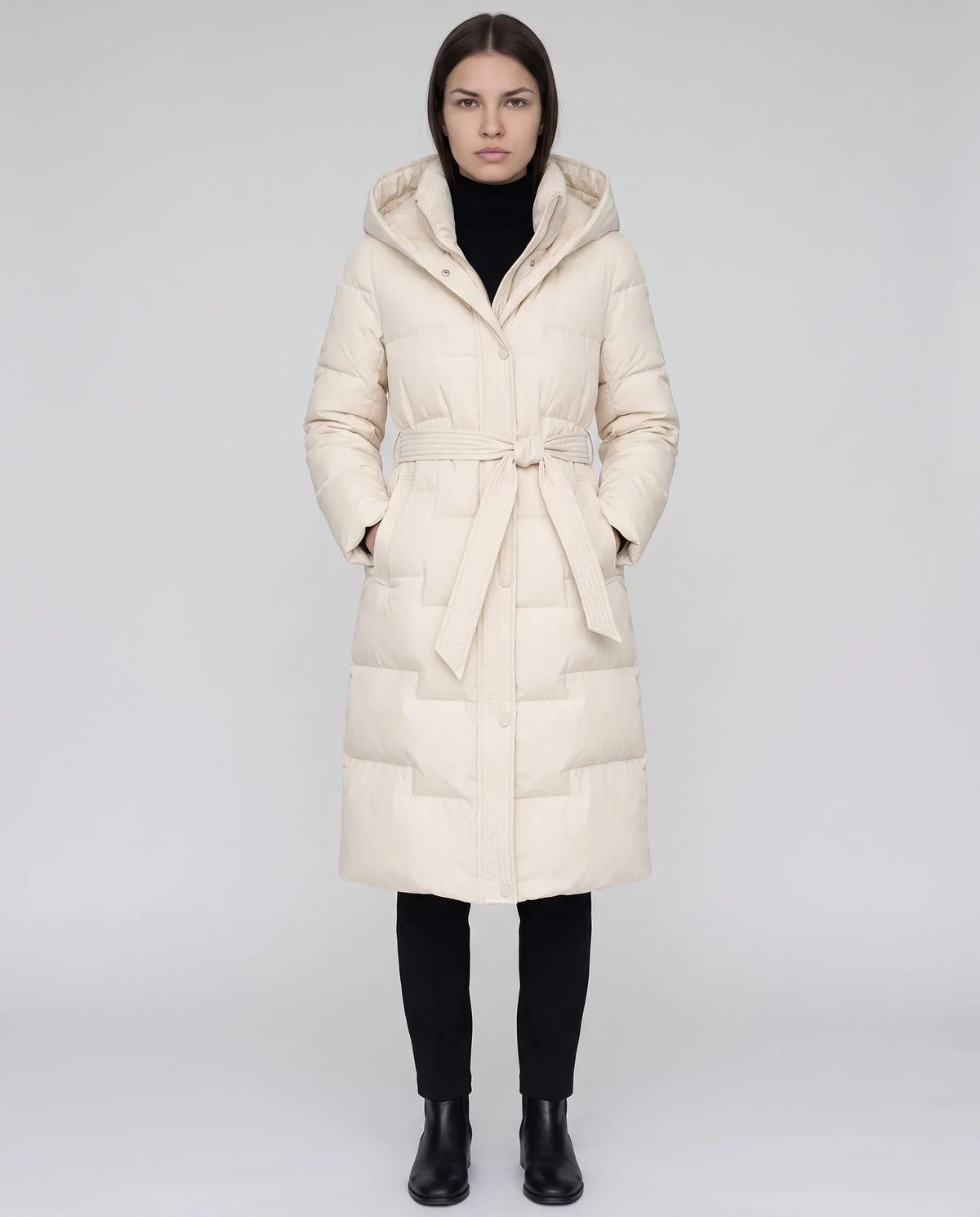 Long Hooded Puffer Jacket with Tie Belt