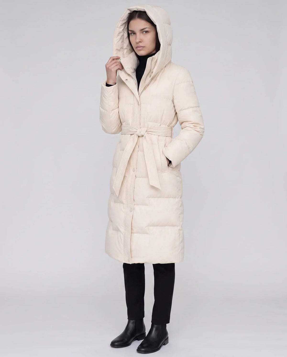 Long Hooded Puffer Jacket with Tie Belt