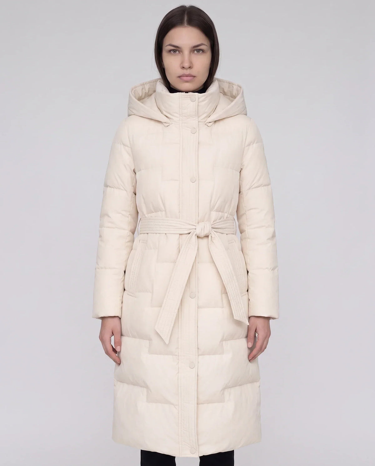Long Hooded Puffer Jacket with Tie Belt