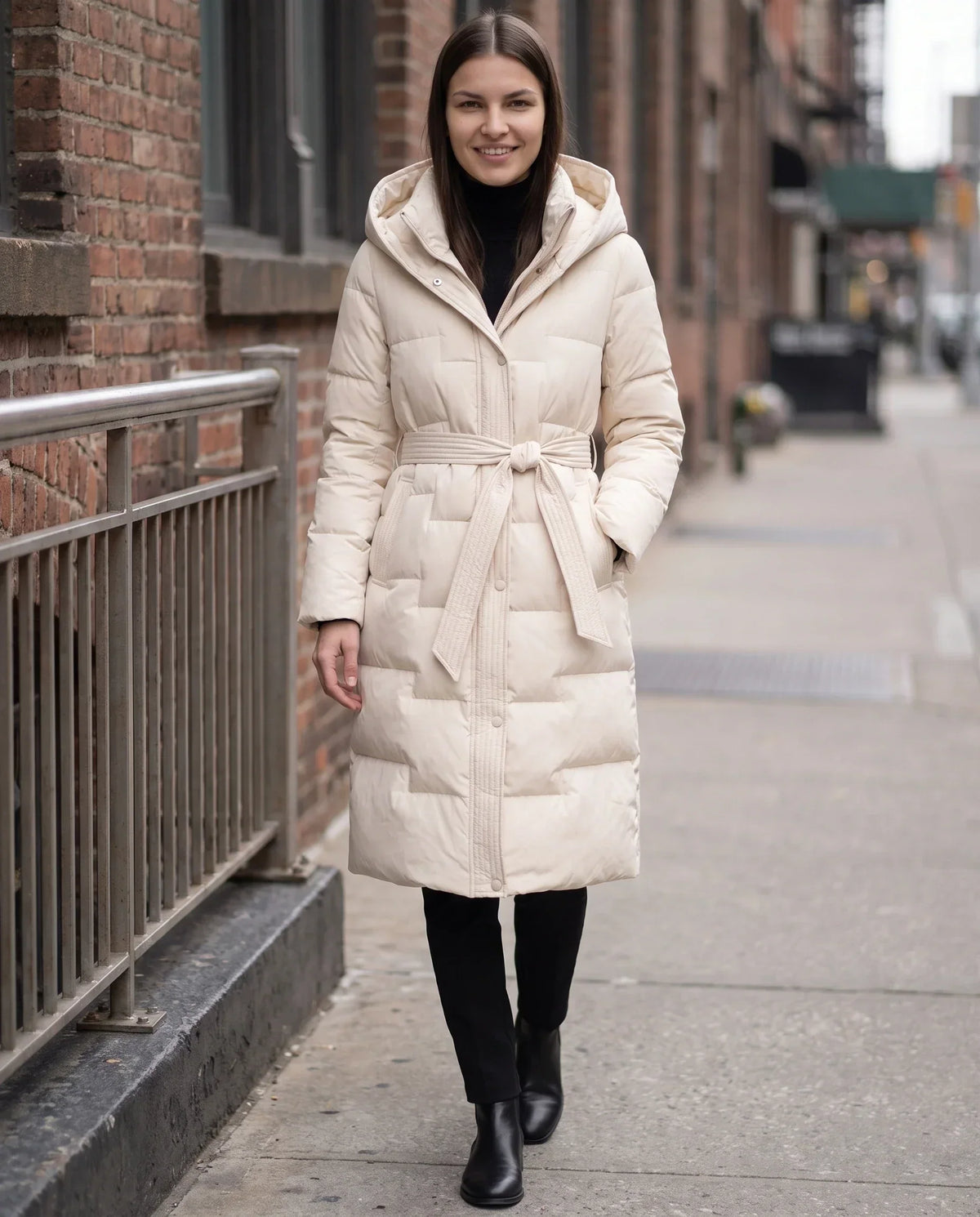 Long Hooded Puffer Jacket with Tie Belt