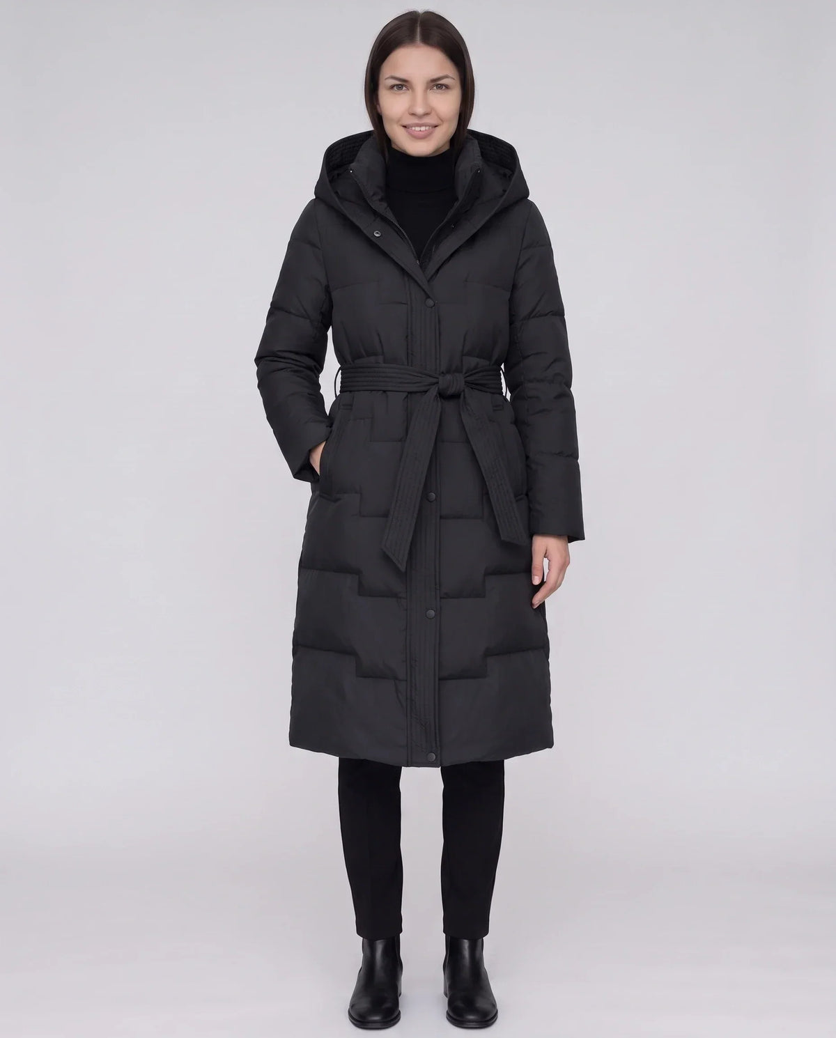 Long Hooded Puffer Jacket with Tie Belt