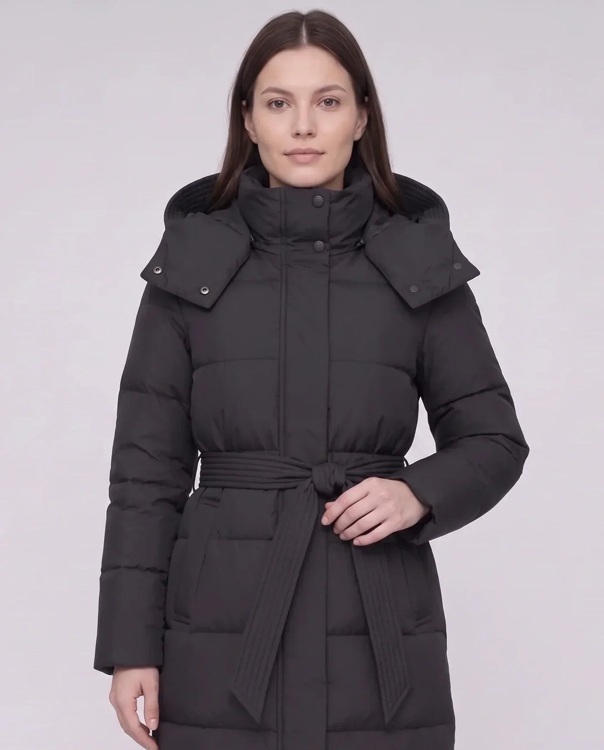 Long Hooded Puffer Jacket with Tie Belt