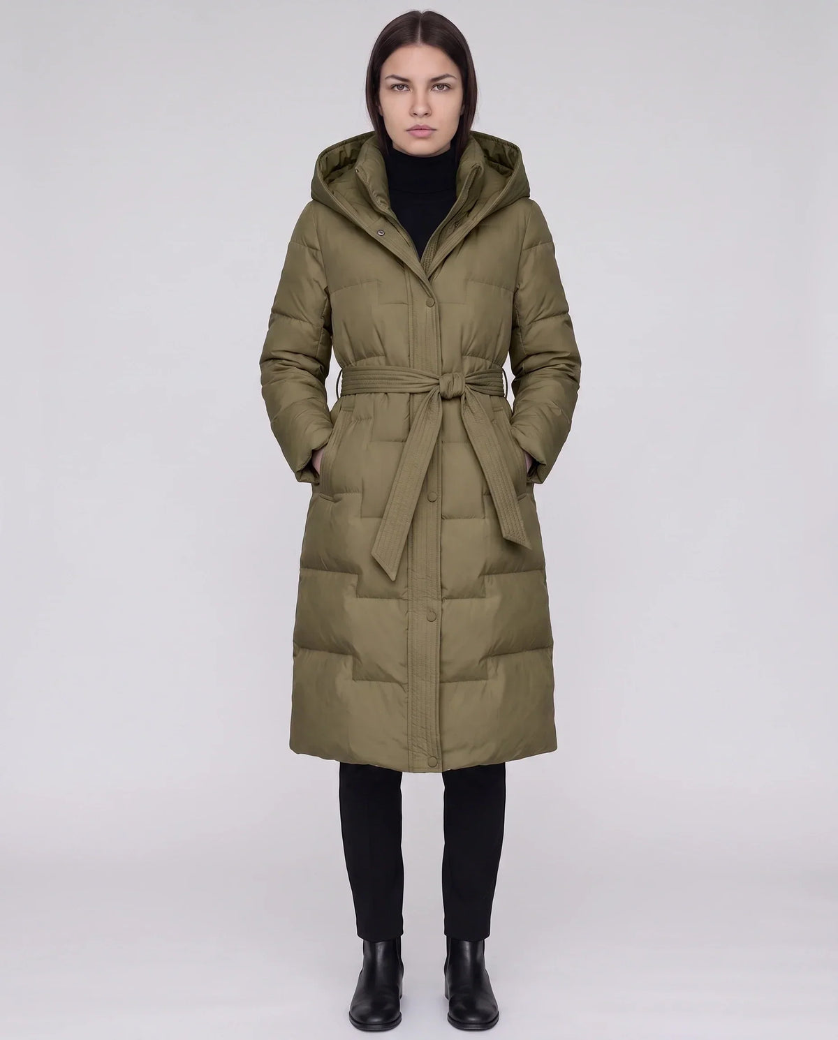 Long Hooded Puffer Jacket with Tie Belt