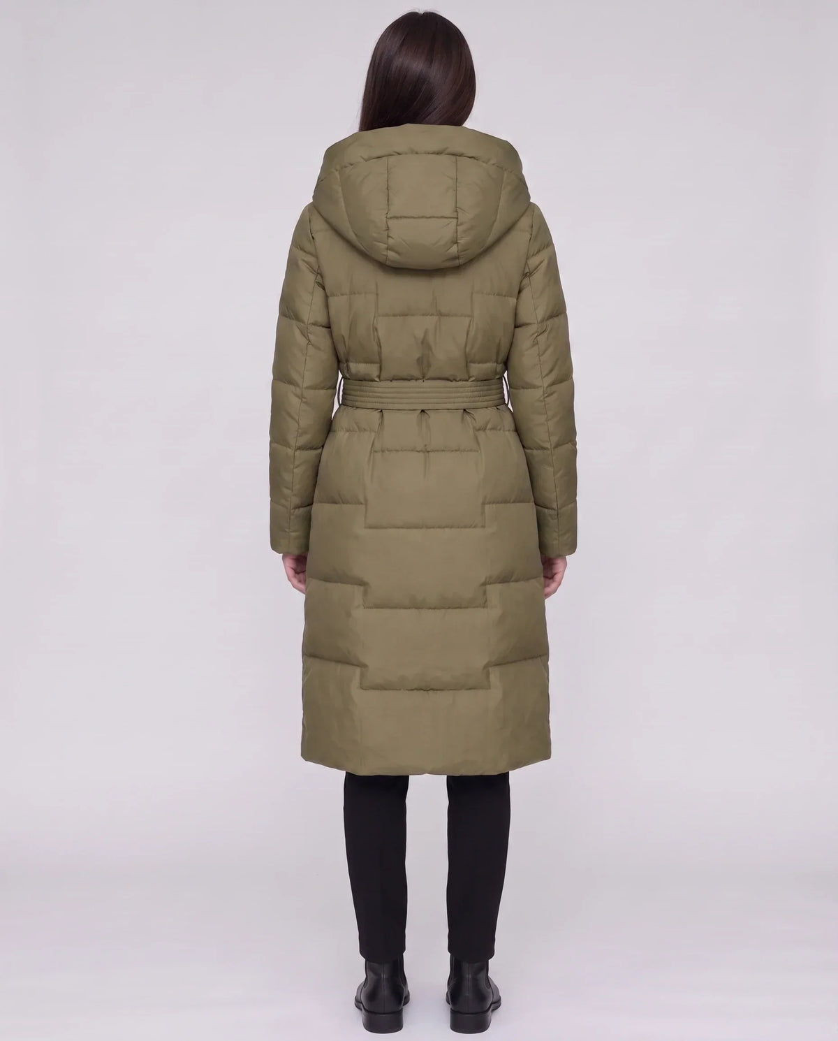 Long Hooded Puffer Jacket with Tie Belt