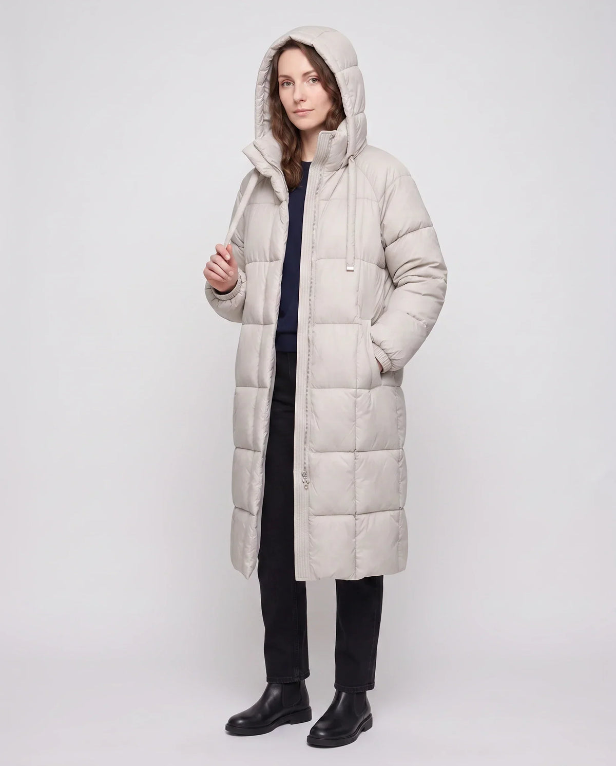 Long Hooded Puffer Jacket with Big Square Baffles