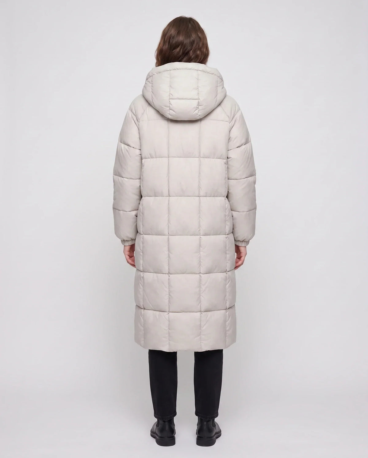 Long Hooded Puffer Jacket with Big Square Baffles