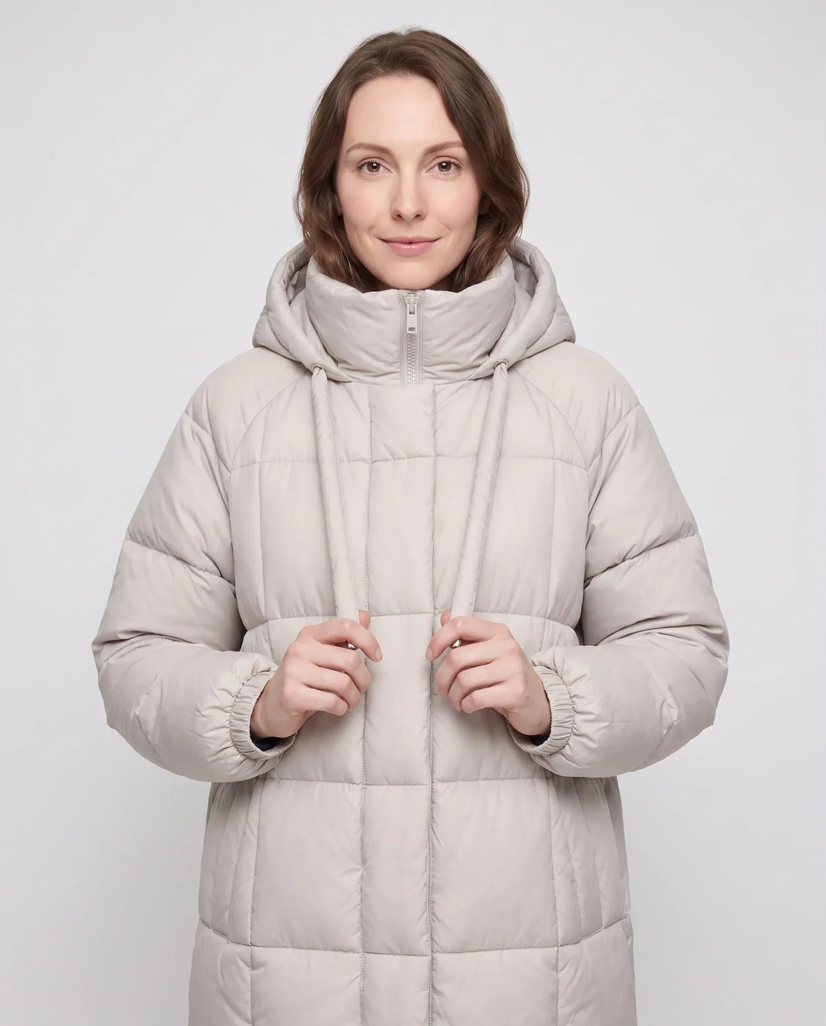 Long Hooded Puffer Jacket with Big Square Baffles
