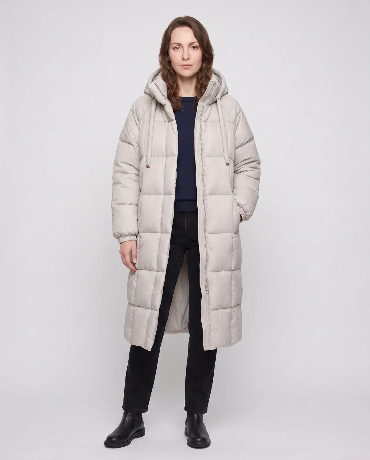 Long Hooded Puffer Jacket with Big Square Baffles