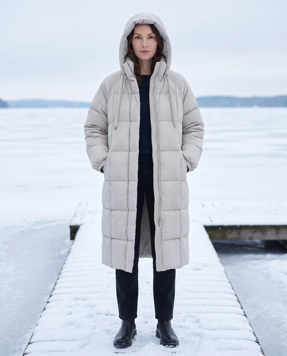 Long Hooded Puffer Jacket with Big Square Baffles
