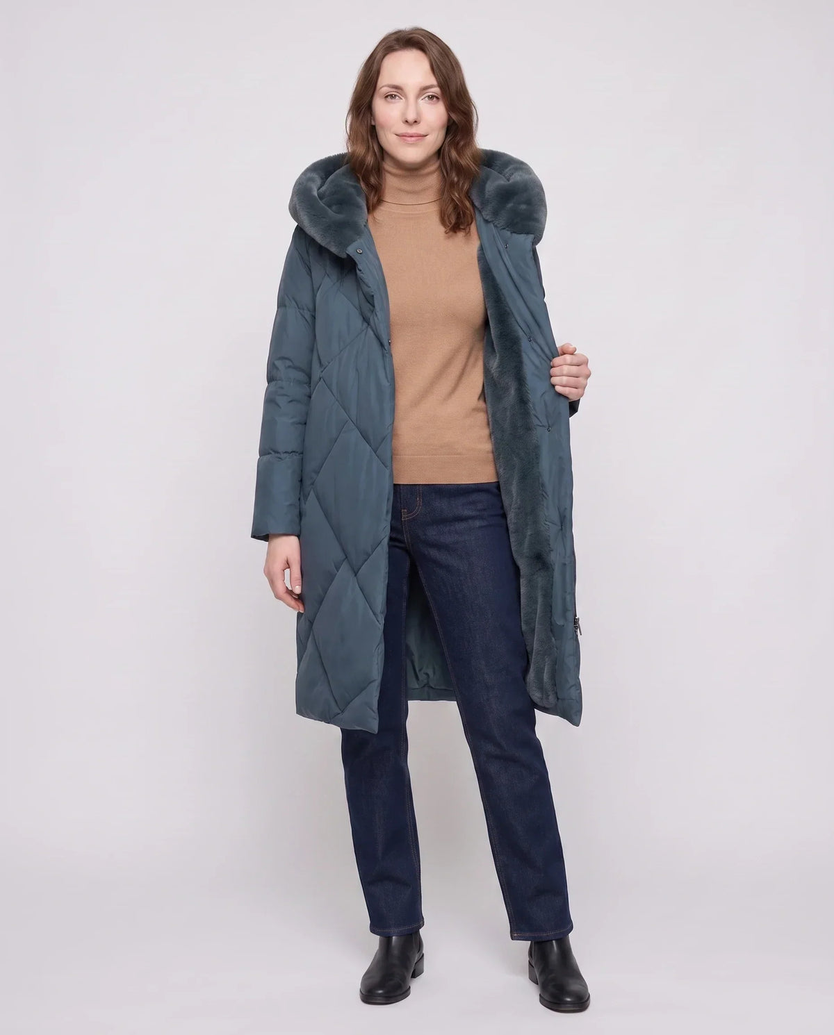 Long Puffer Jacket with Faux Fur-Lined Hood