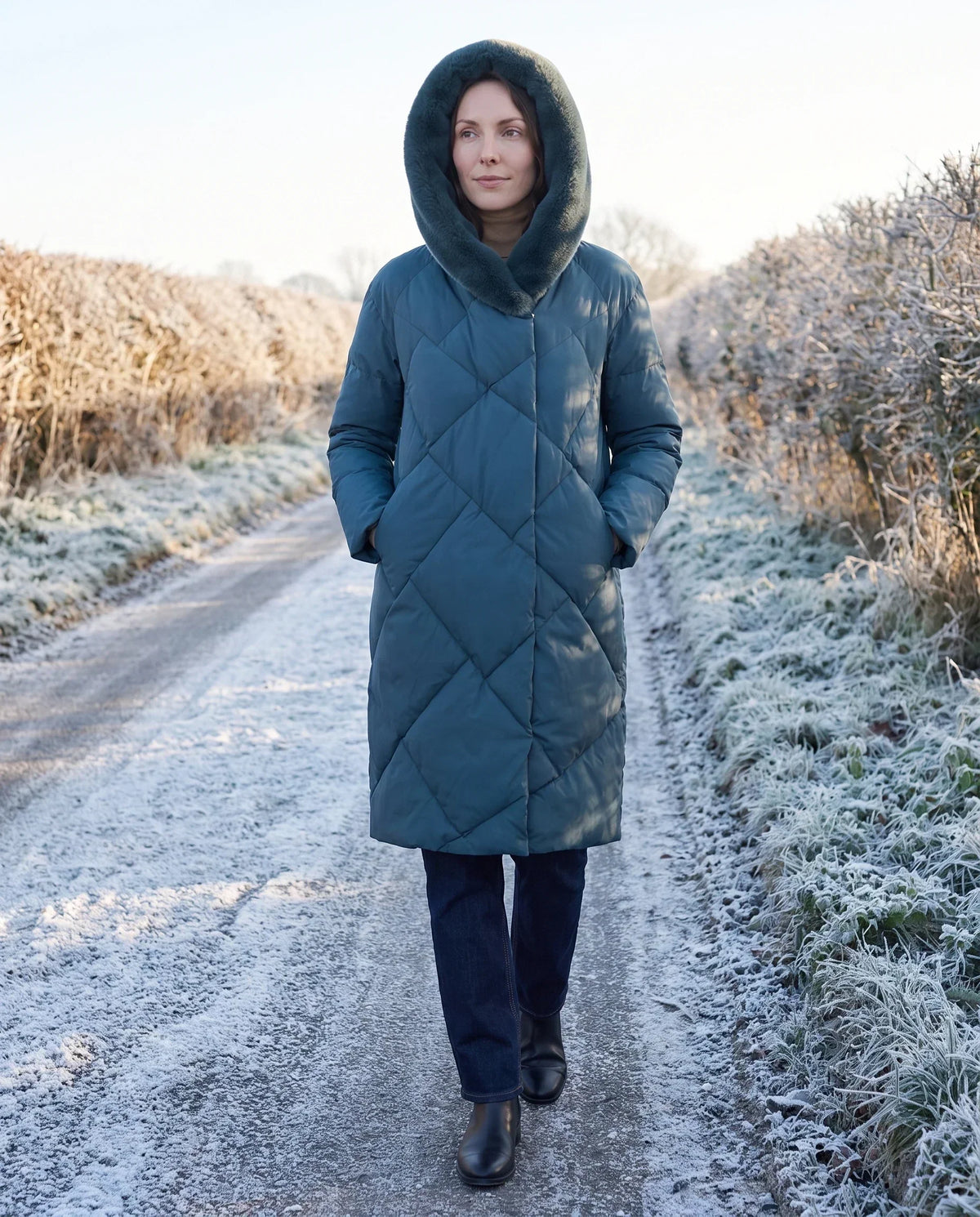 Long Puffer Jacket with Faux Fur-Lined Hood