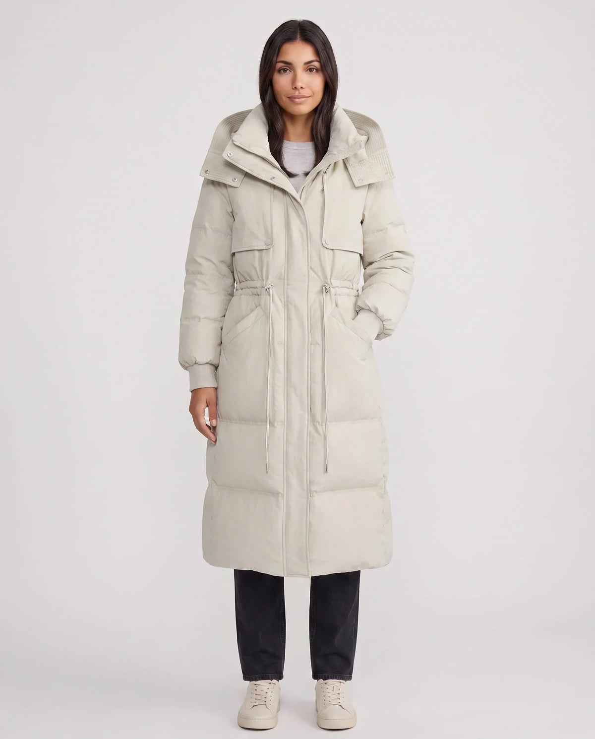 Long Hooded Puffer Jacket with Drawcord Waist