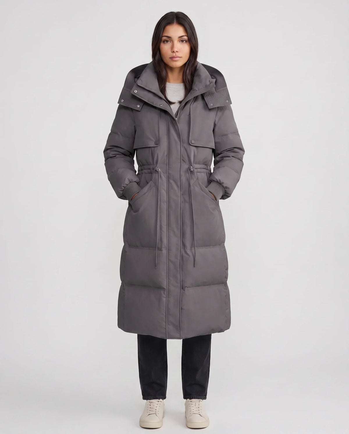 Long Hooded Puffer Jacket with Drawcord Waist