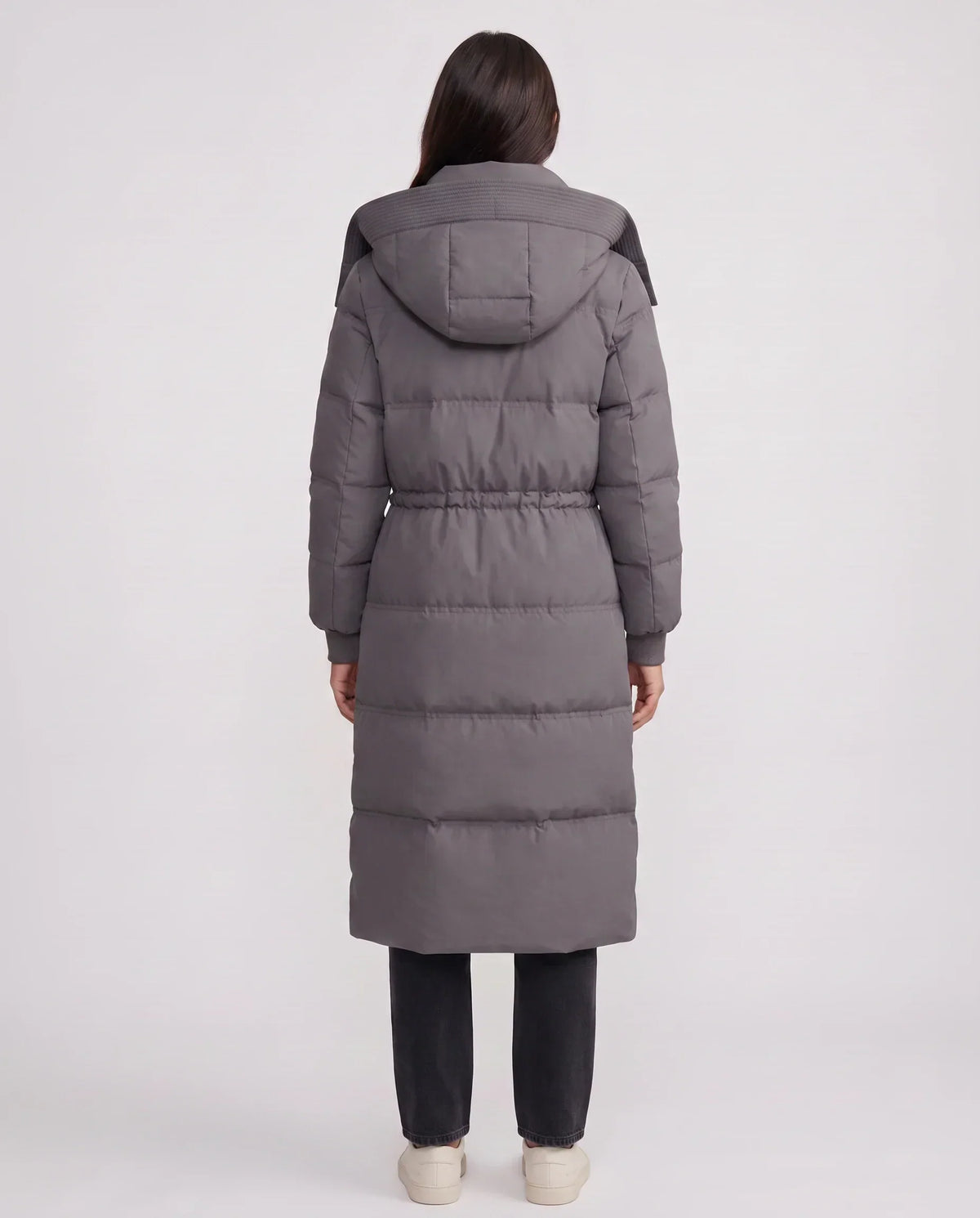 Long Hooded Puffer Jacket with Drawcord Waist