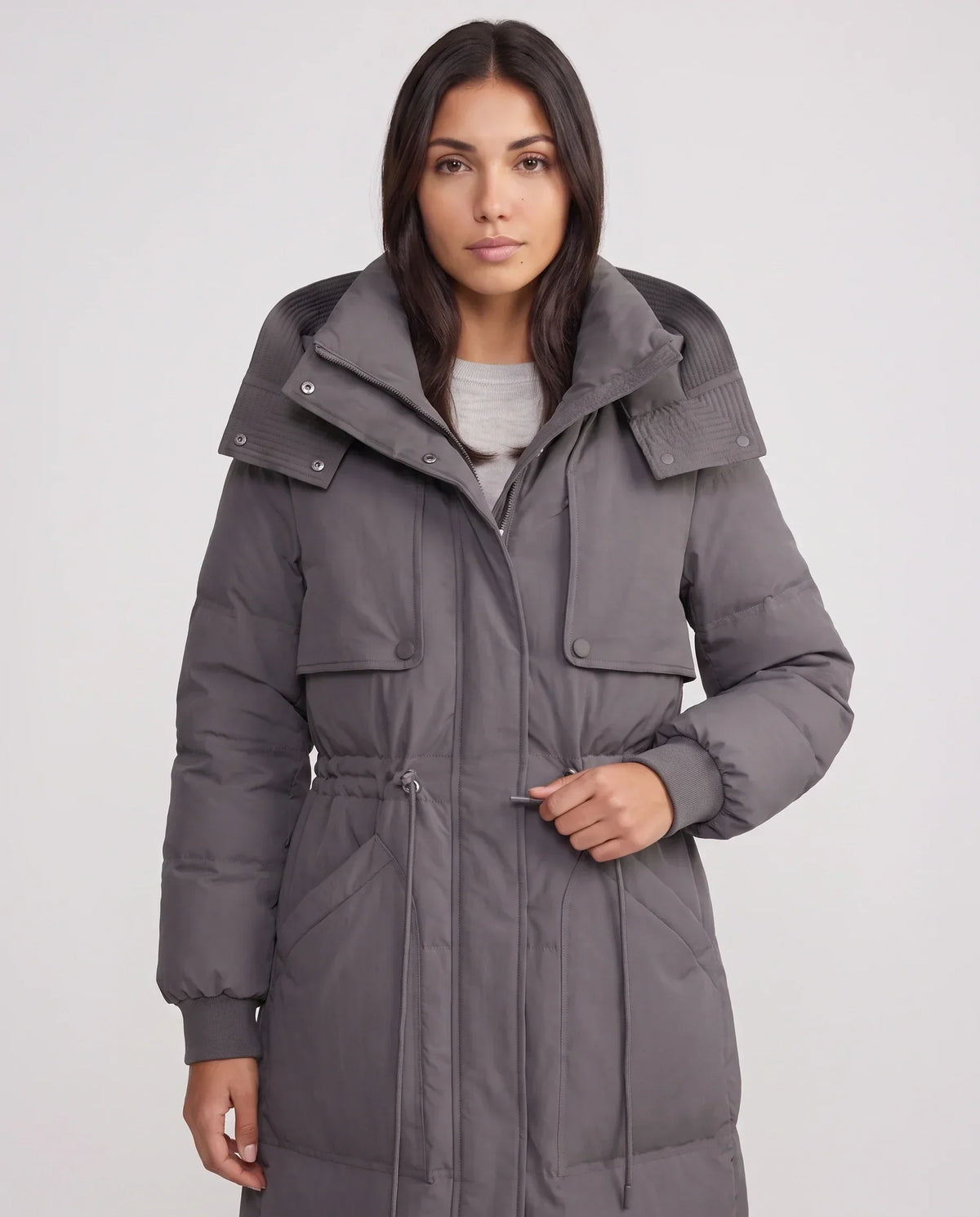 Long Hooded Puffer Jacket with Drawcord Waist