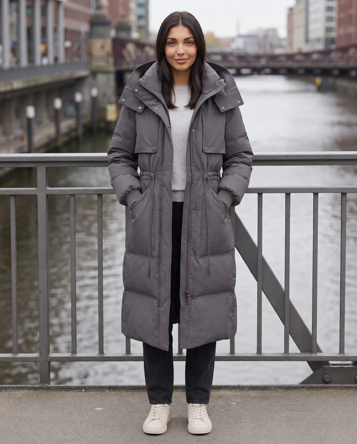 Long Hooded Puffer Jacket with Drawcord Waist