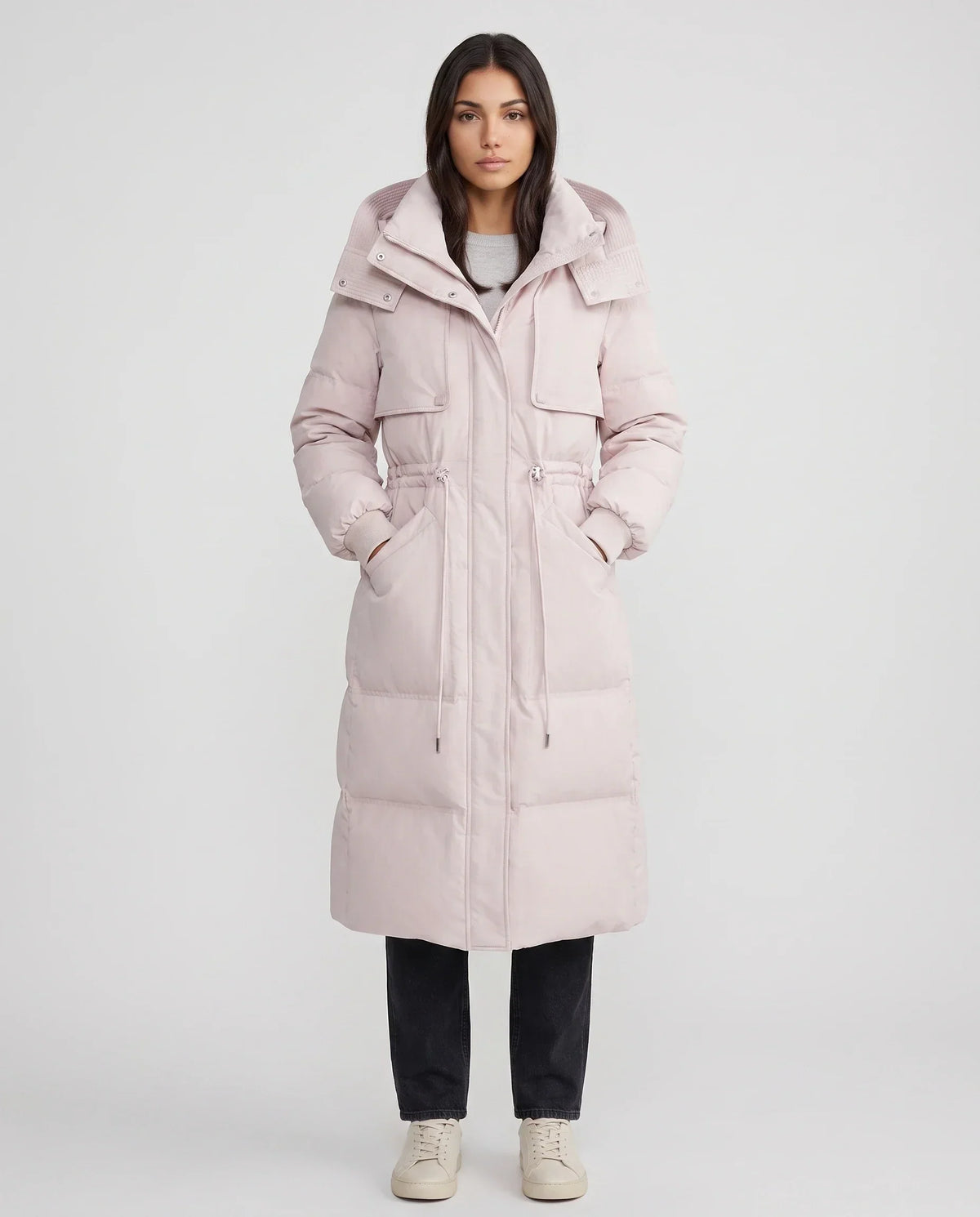 Long Hooded Puffer Jacket with Drawcord Waist