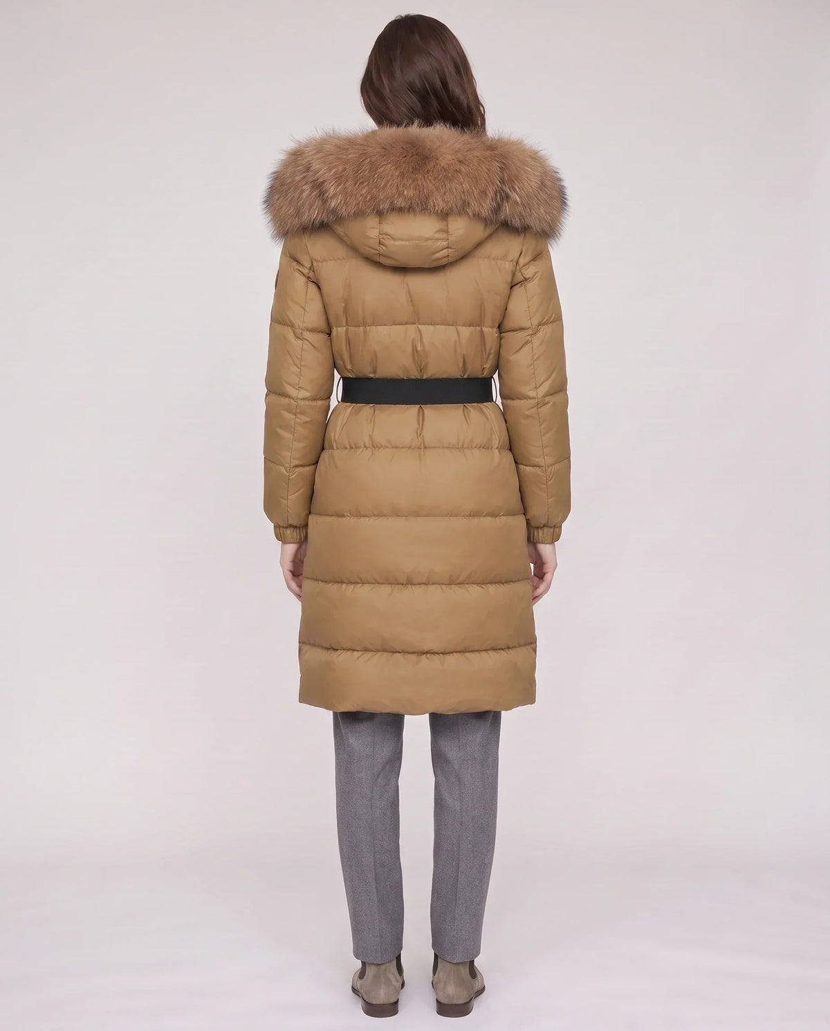 Long Belted Puffer Jacket with Large Faux Fur Hood