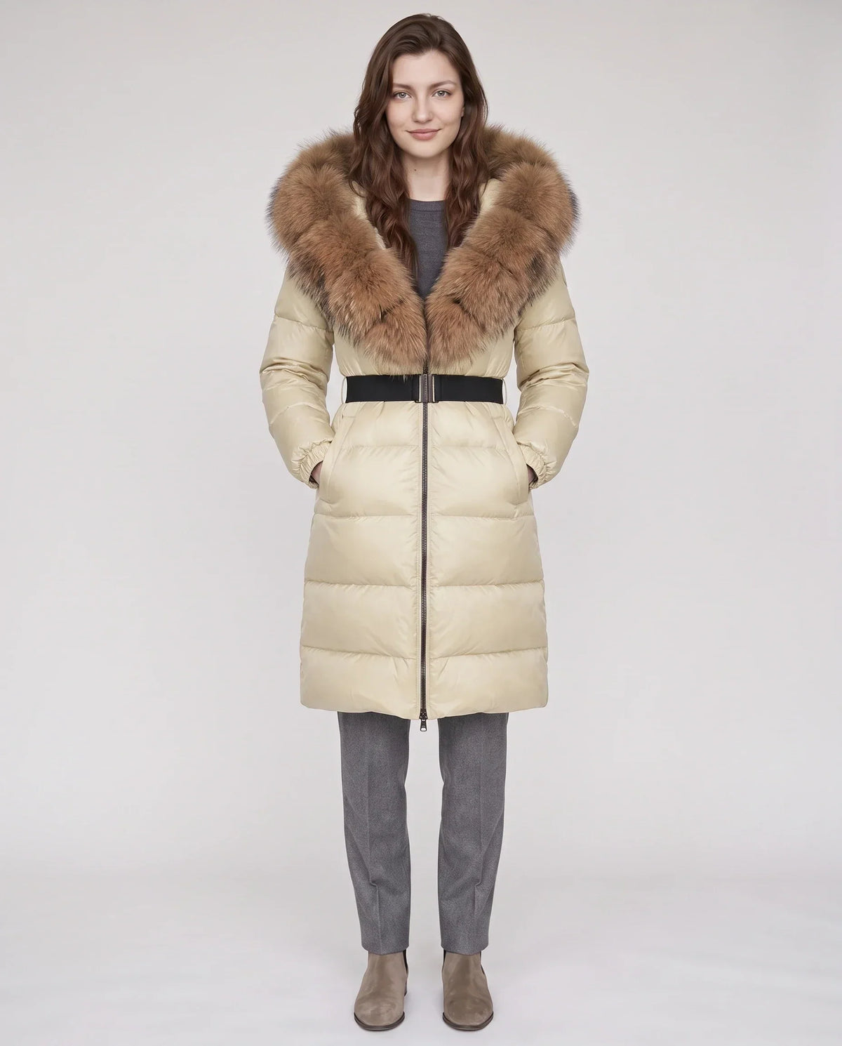 Long Belted Puffer Jacket with Large Faux Fur Hood