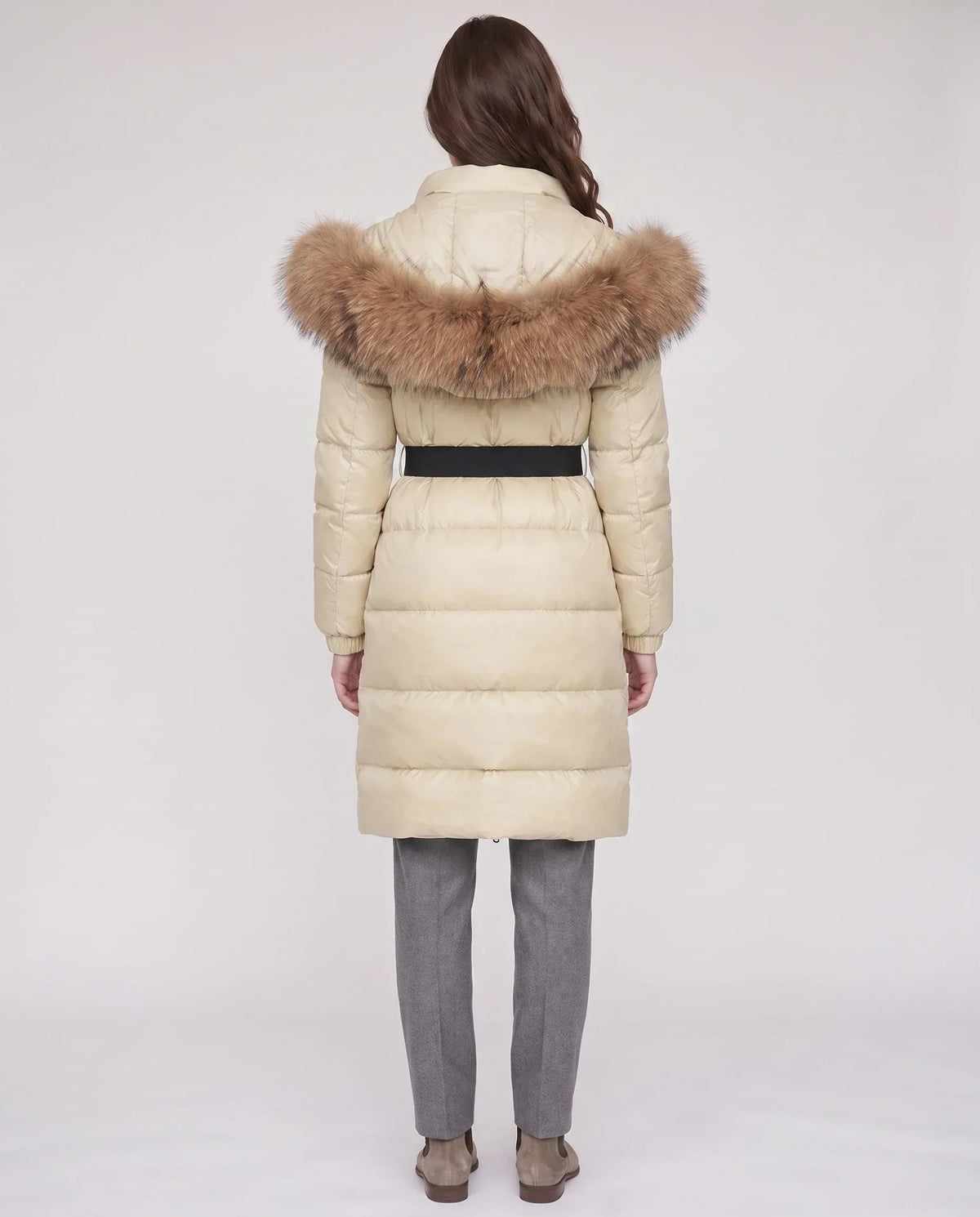 Long Belted Puffer Jacket with Large Faux Fur Hood