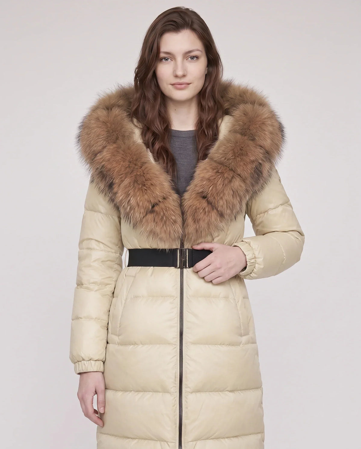 Long Belted Puffer Jacket with Large Faux Fur Hood