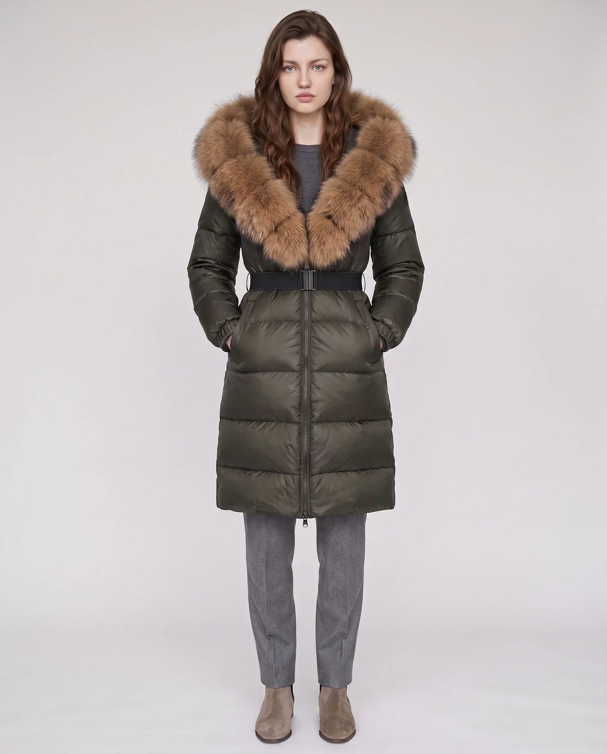 Long Belted Puffer Jacket with Large Faux Fur Hood