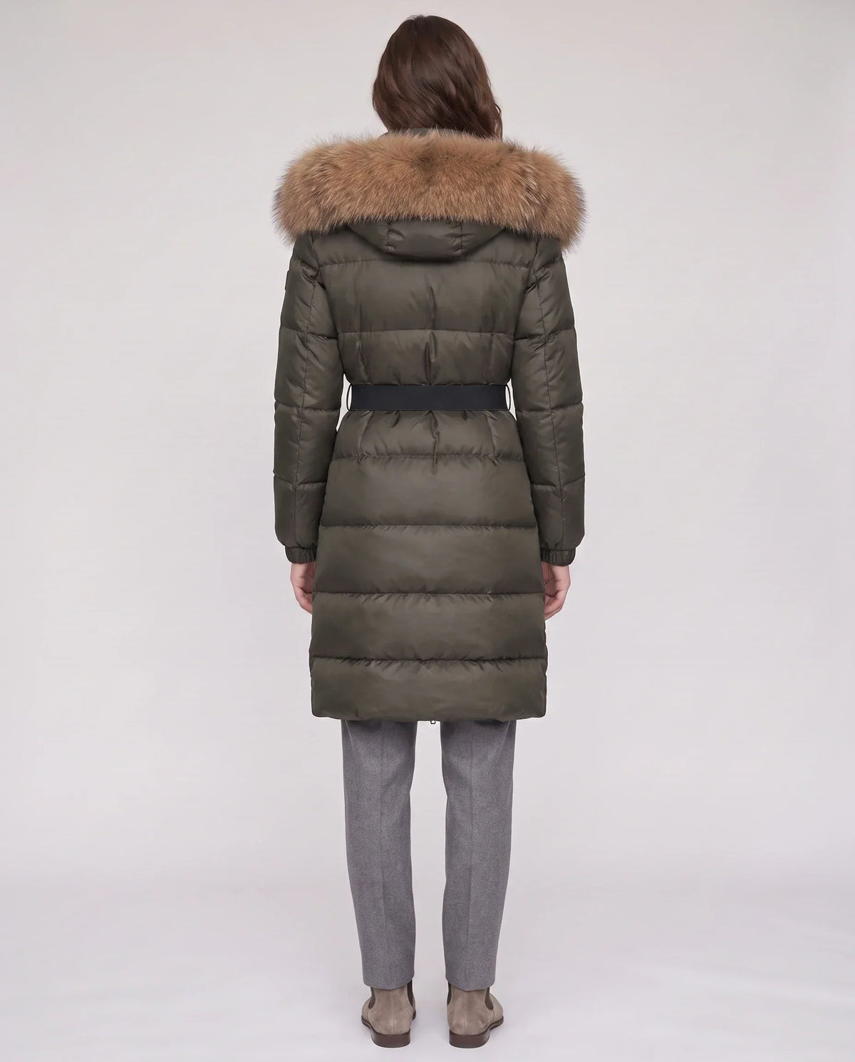 Long Belted Puffer Jacket with Large Faux Fur Hood
