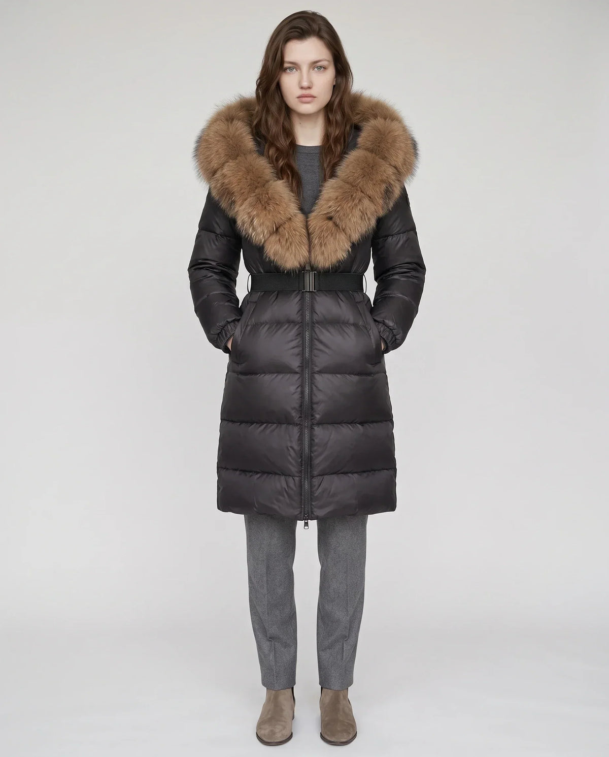 Long Belted Puffer Jacket with Large Faux Fur Hood