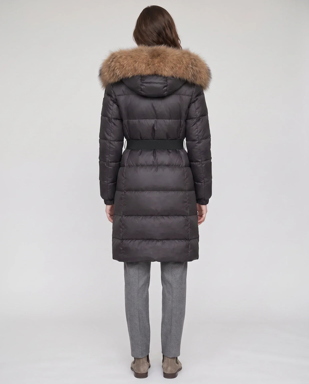 Long Belted Puffer Jacket with Large Faux Fur Hood