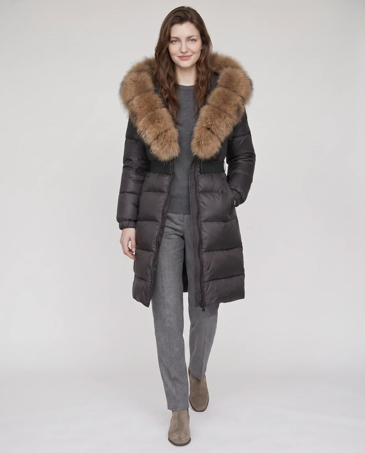 Long Belted Puffer Jacket with Large Faux Fur Hood
