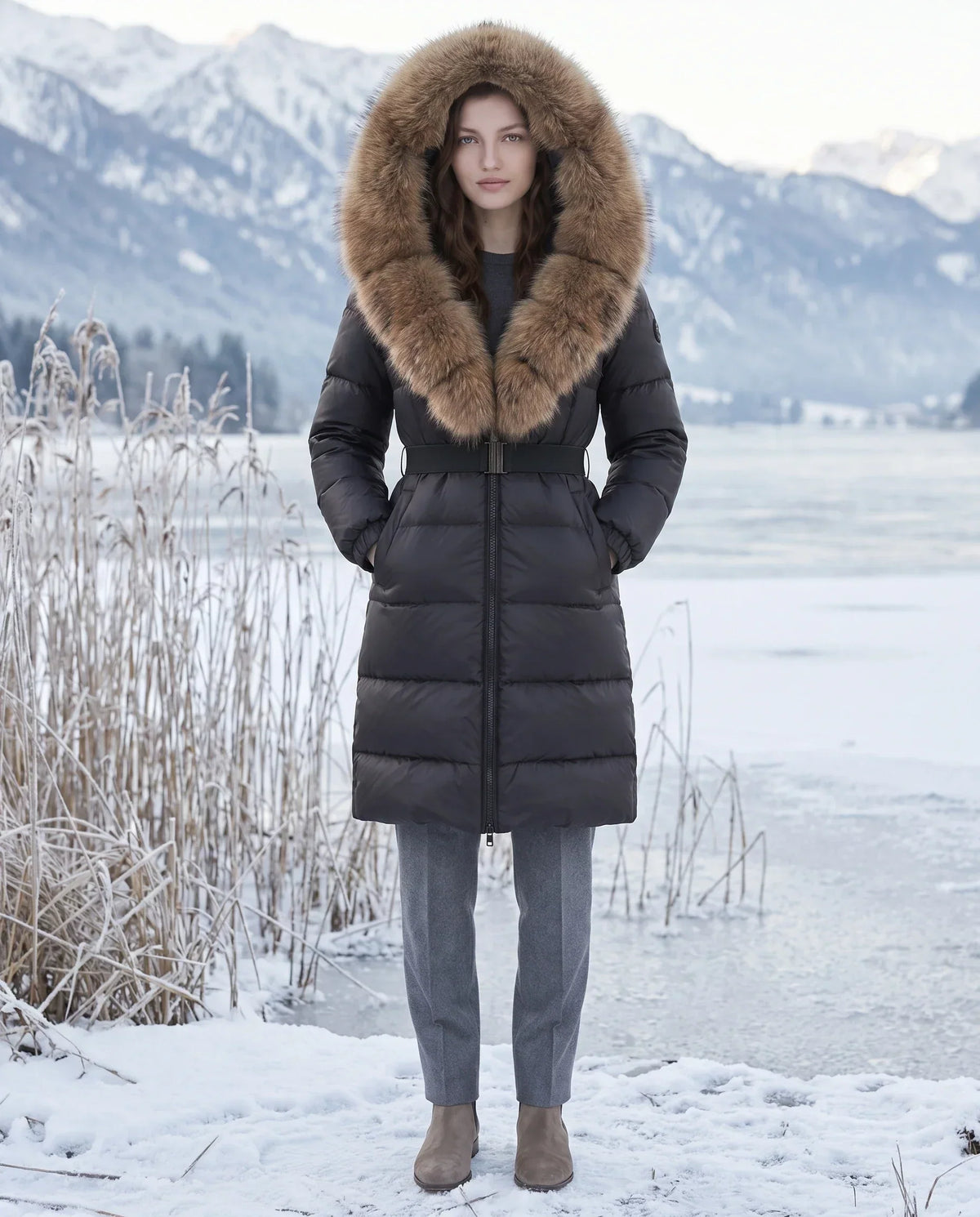 Long Belted Puffer Jacket with Large Faux Fur Hood