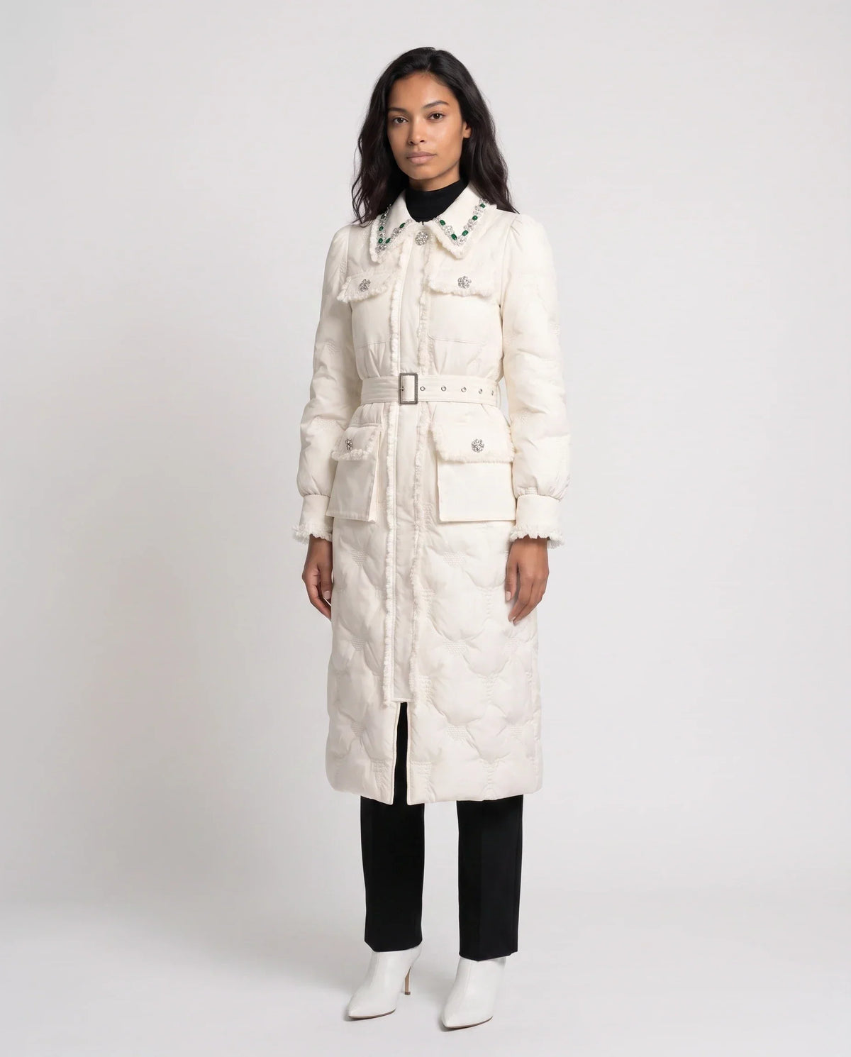 Long Belted Puffer Jacket with Jewelled Collar
