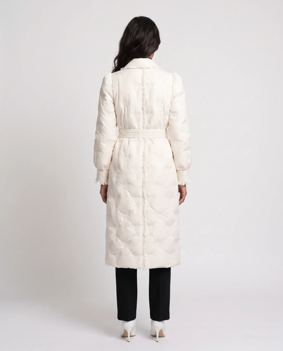 Long Belted Puffer Jacket with Jewelled Collar
