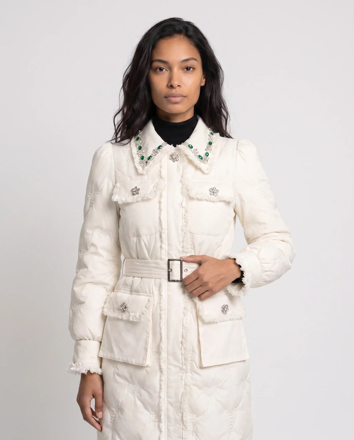 Long Belted Puffer Jacket with Jewelled Collar