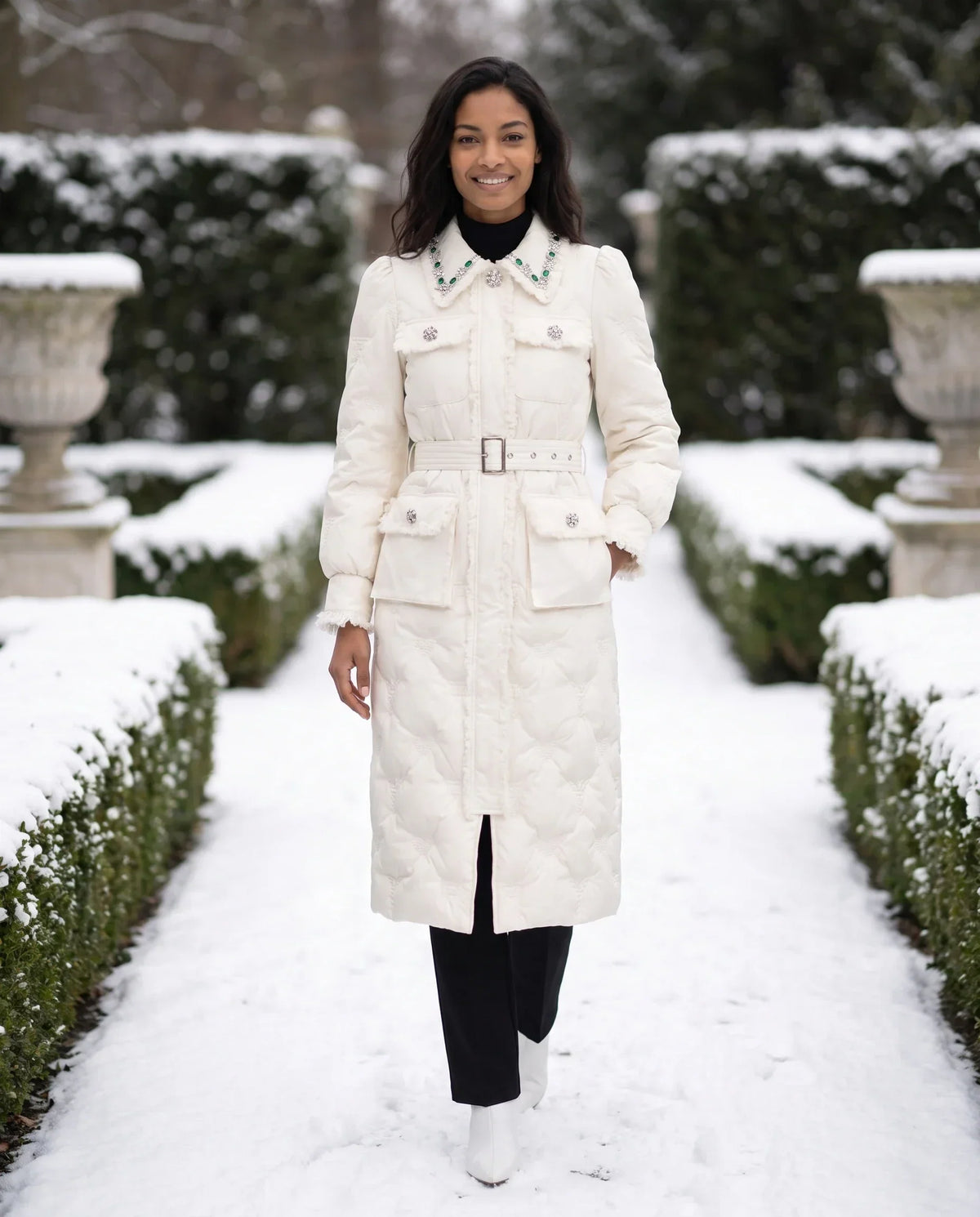 Long Belted Puffer Jacket with Jewelled Collar