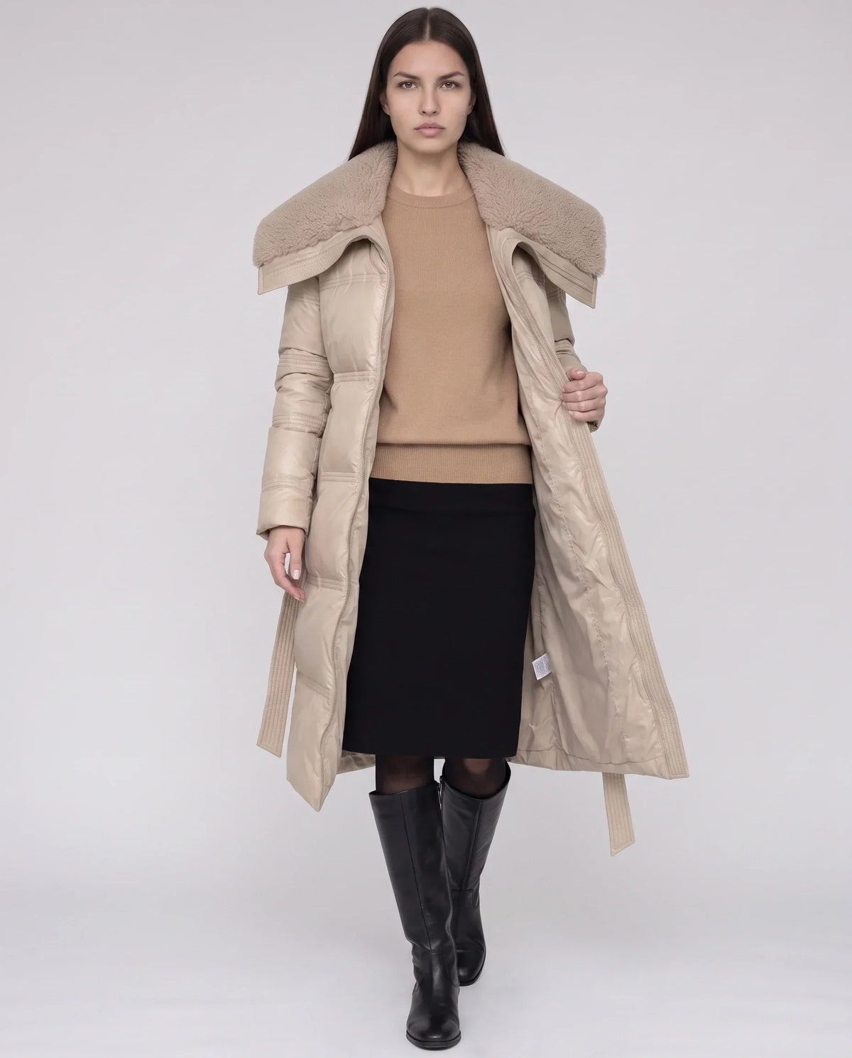 Long Belted Puffer Jacket with Faux Fur Collar