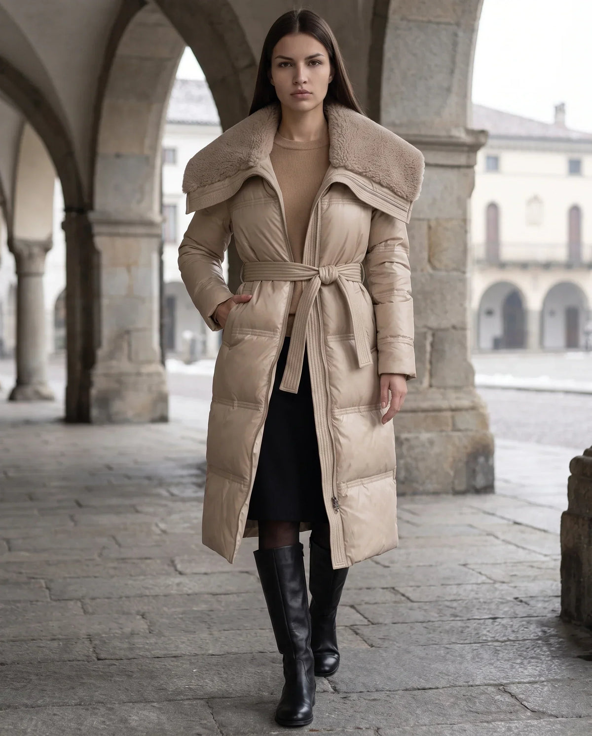 Long Belted Puffer Jacket with Faux Fur Collar