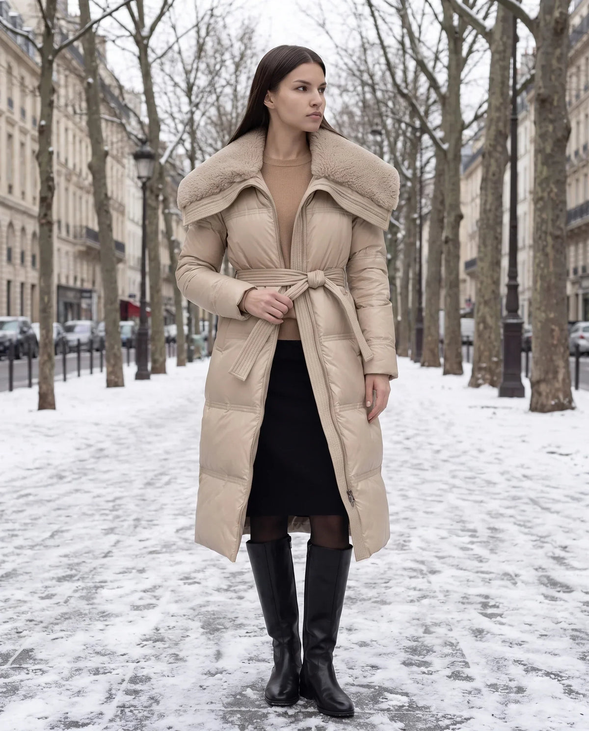 Long Belted Puffer Jacket with Faux Fur Collar