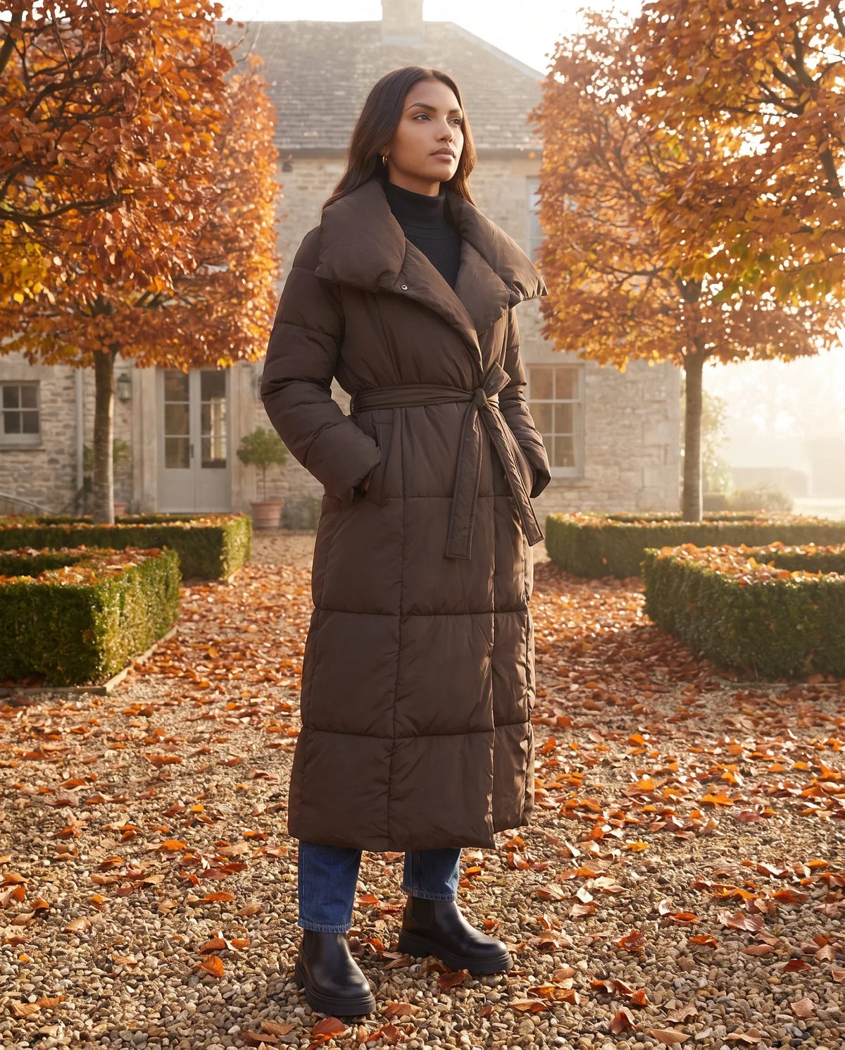 Extra-Long Belted Puffer Jacket with Quilted Shawl Collar