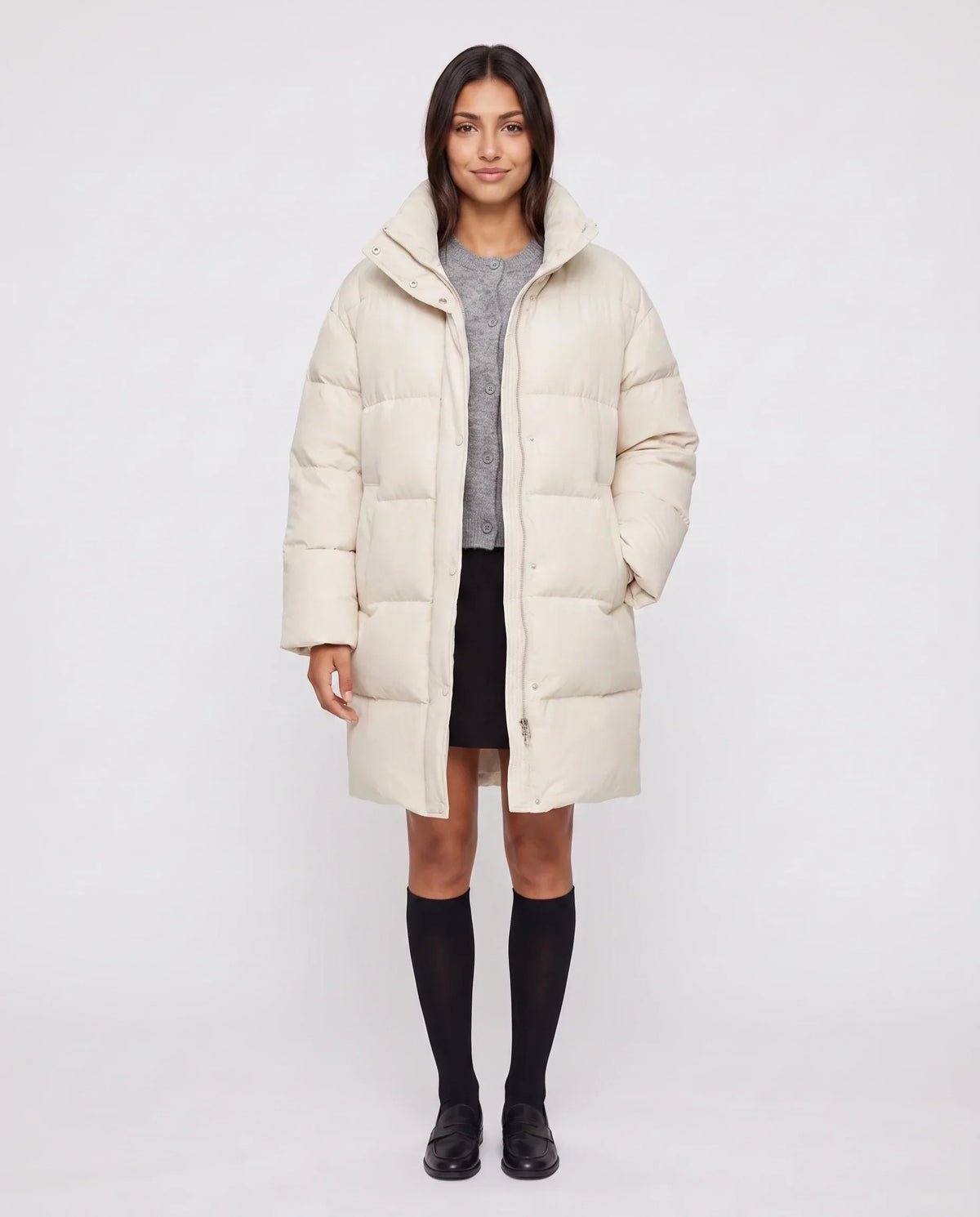 Long Cocoon Puffer Jacket with Funnel Collar