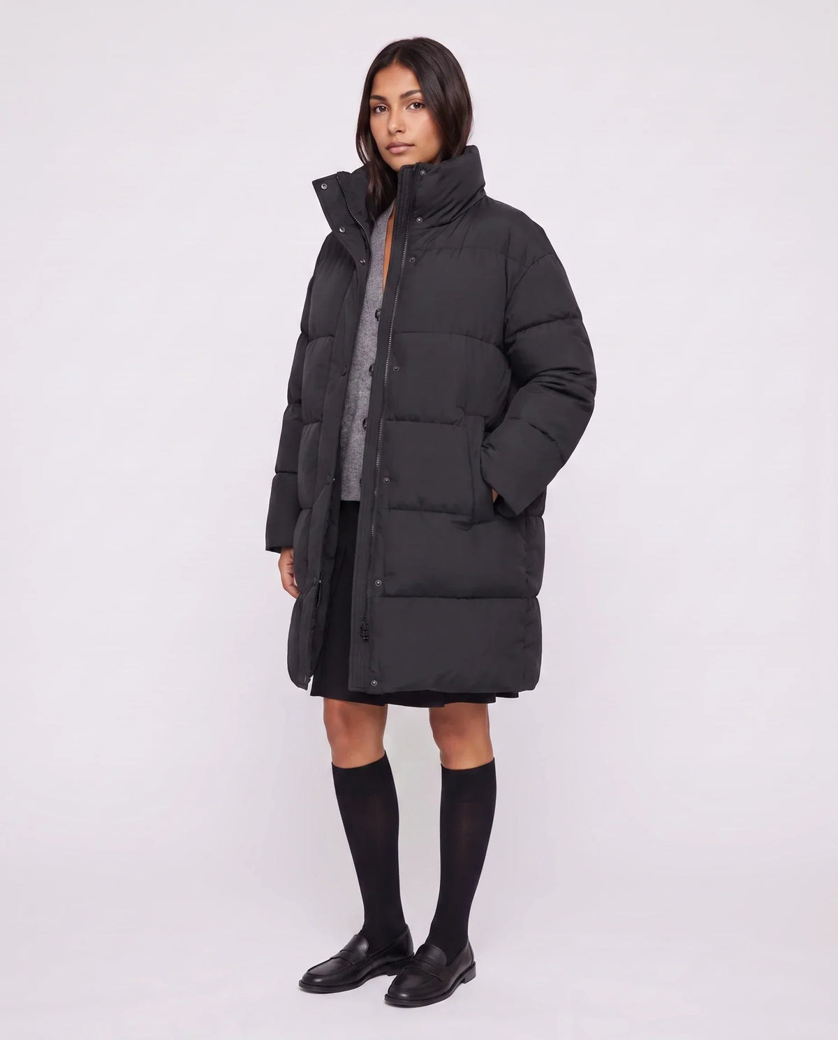 Long Cocoon Puffer Jacket with Funnel Collar