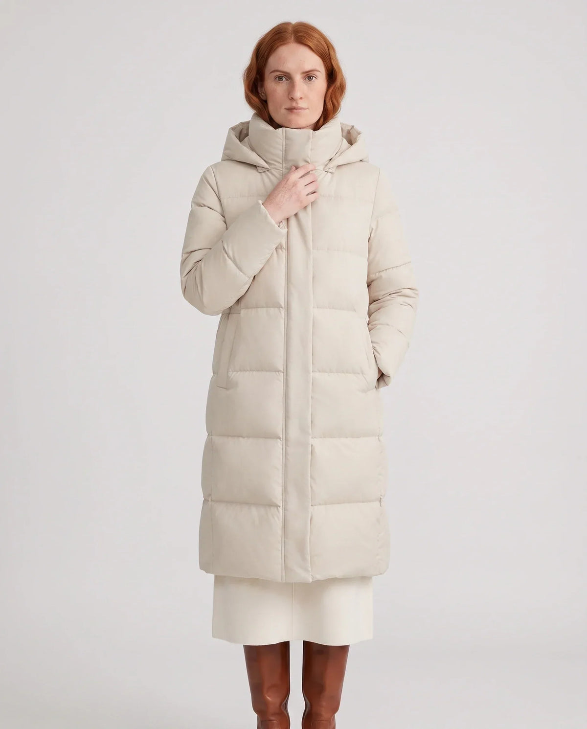 Long Water-Repellent Puffer Jacket with Hood Collar