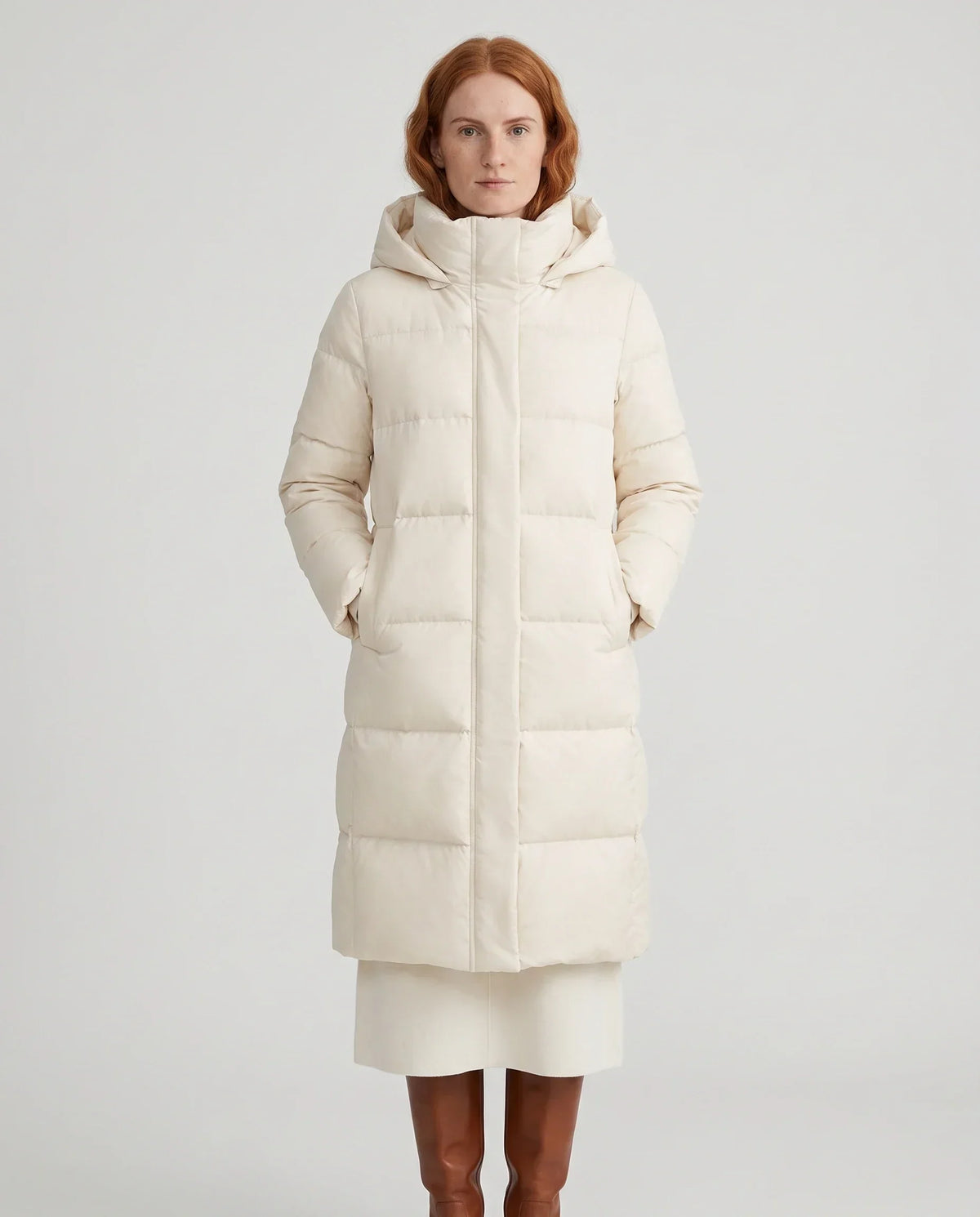 Long Water-Repellent Puffer Jacket with Hood Collar