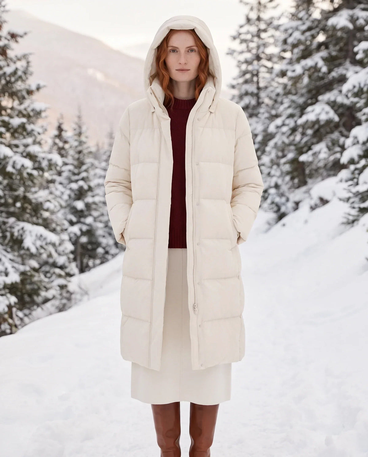 Long Water-Repellent Puffer Jacket with Hood Collar