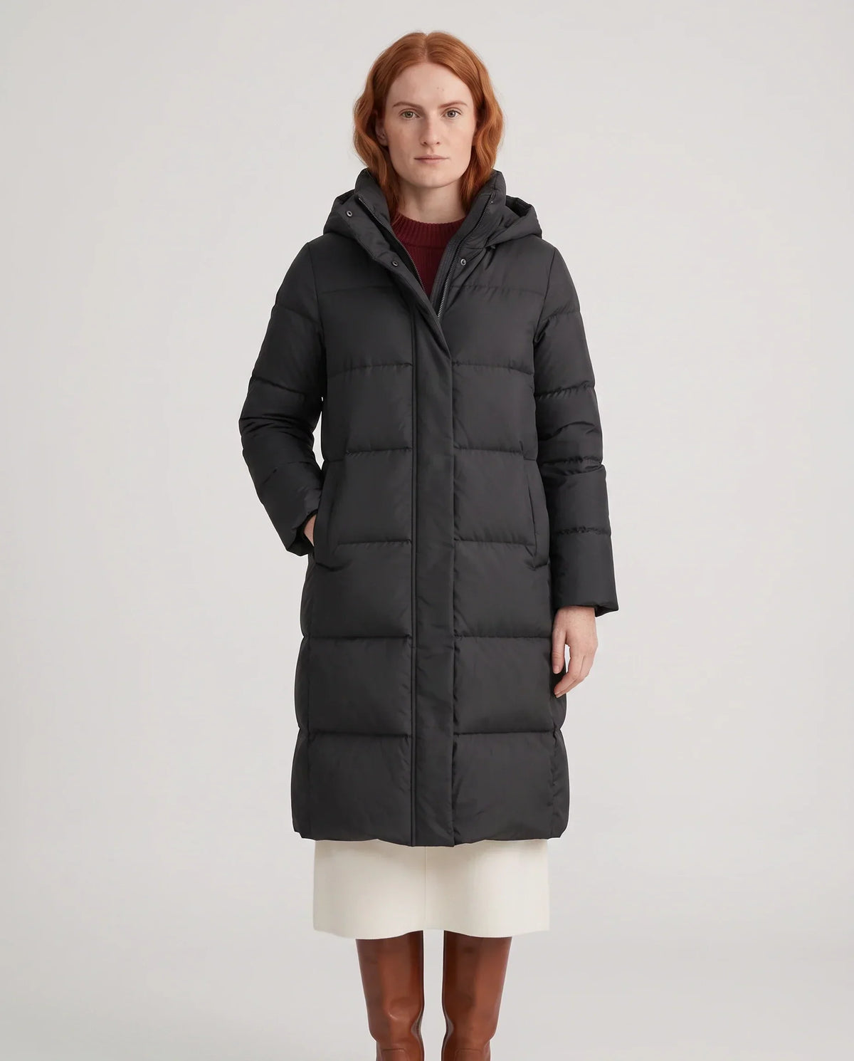 Long Water-Repellent Puffer Jacket with Hood Collar