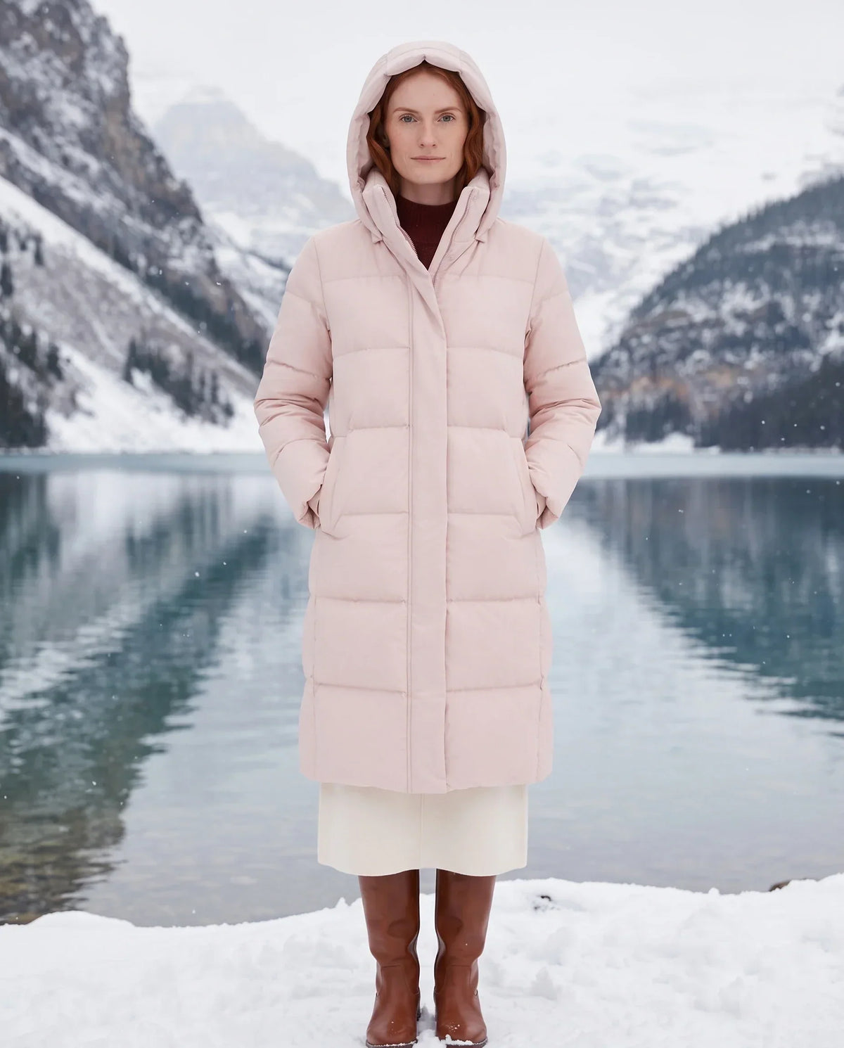 Long Water-Repellent Puffer Jacket with Hood Collar