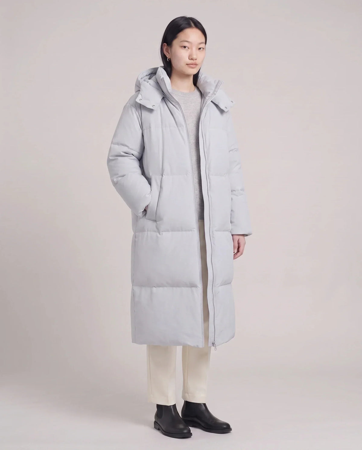 Long Puffer Jacket with Funnel Collar and Detachable Hood