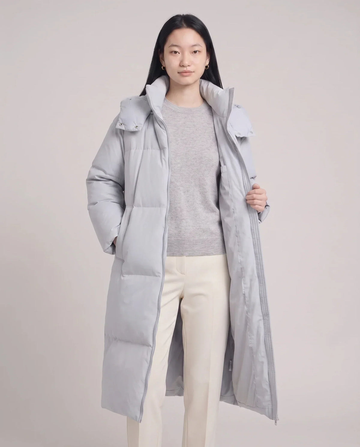 Long Puffer Jacket with Funnel Collar and Detachable Hood