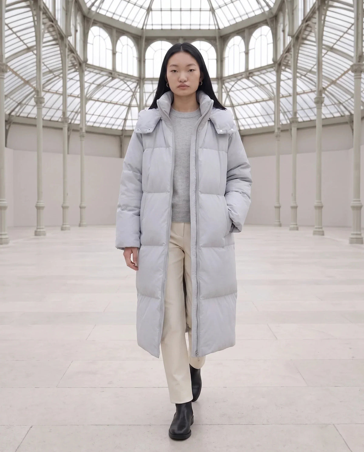 Long Puffer Jacket with Funnel Collar and Detachable Hood